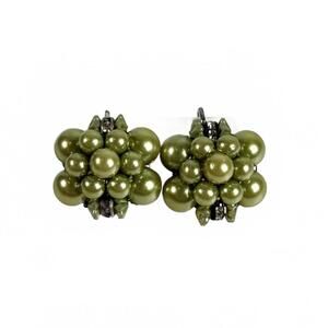Vintage Green Faux Pearl Cluster Screwback Earrings Mid Century Floral